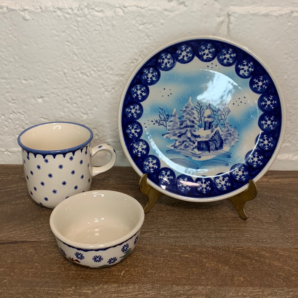 VTG Boleslawiec Polish Pottery Set-Winter Chapel Plate, Reindeer Pine Bowl, Mug